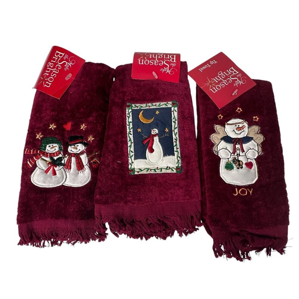 Vintage Snowman Make The Season Bright Tip Towel Christmas Set of 3 100% Cotton